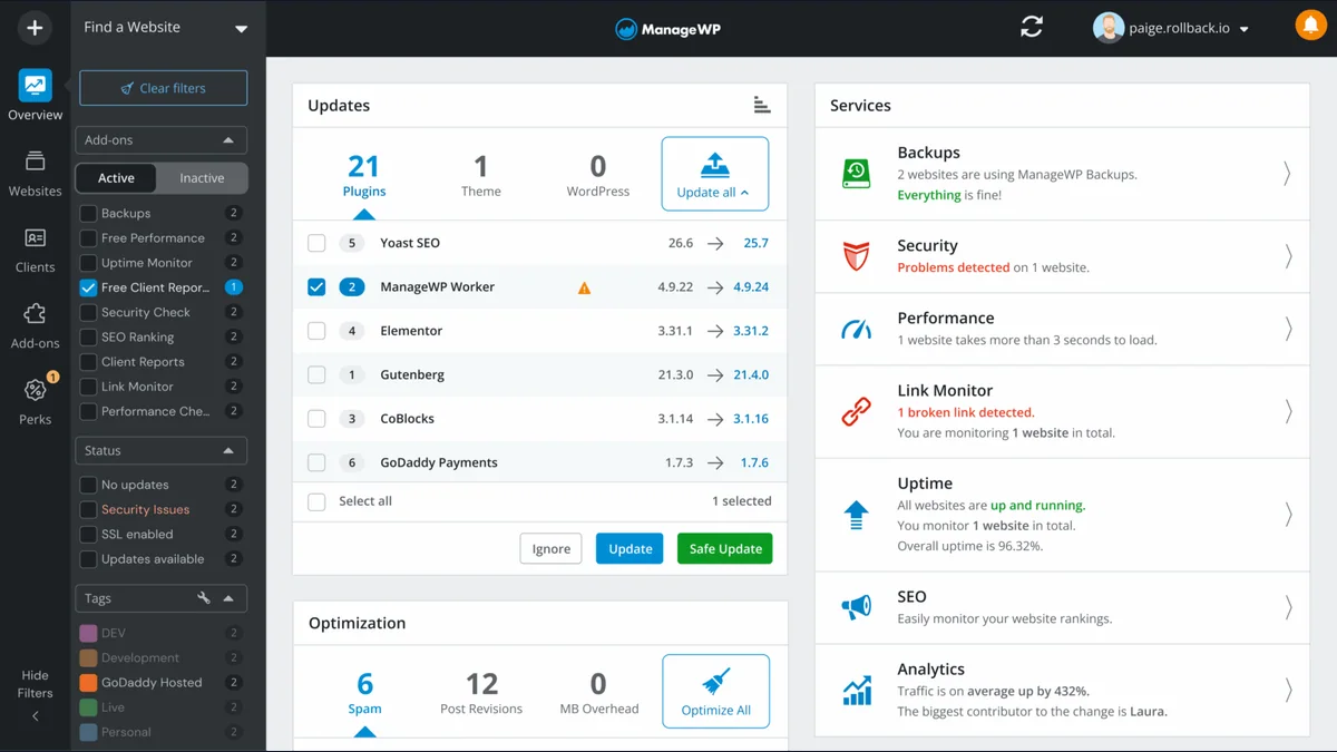 ManageWP dashboard with WordPress updates, backups, security, performance, uptime, and analytics
